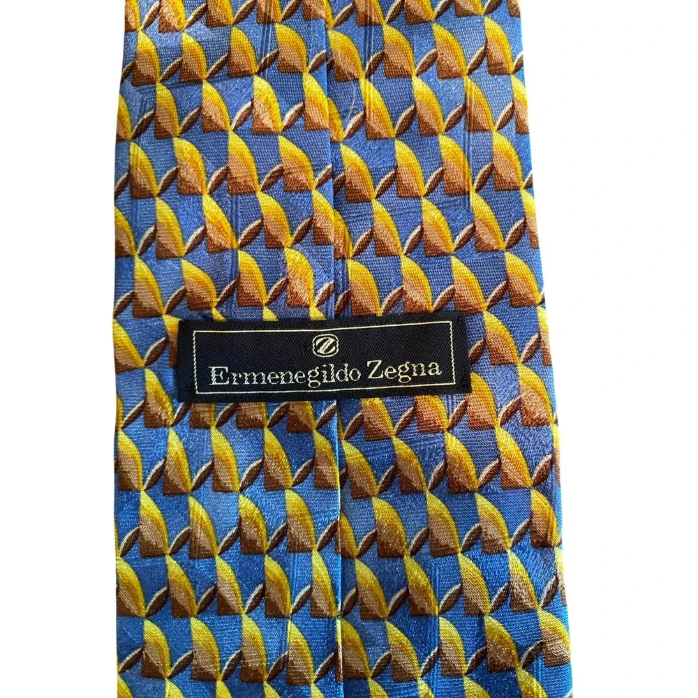Ermenegildo Zegna Silk Tie Blue Gold‎ Geometric Abstract Made in Italy Mens